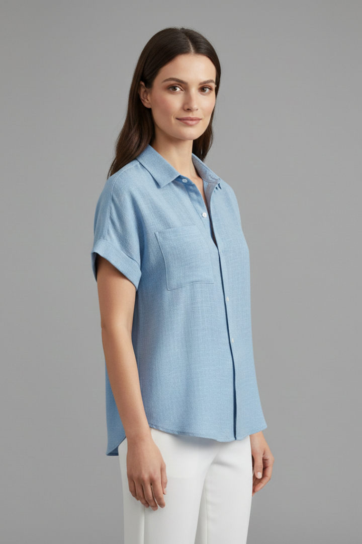 Women's Short Sleeve Collared Blouse with Chest Pocket, view 3