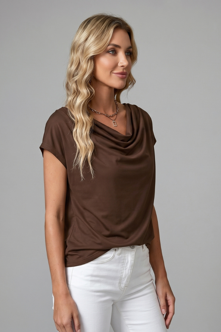 Women's Cowl Neck Top, Draped Short Sleeve Dressy Business Casual Blouse