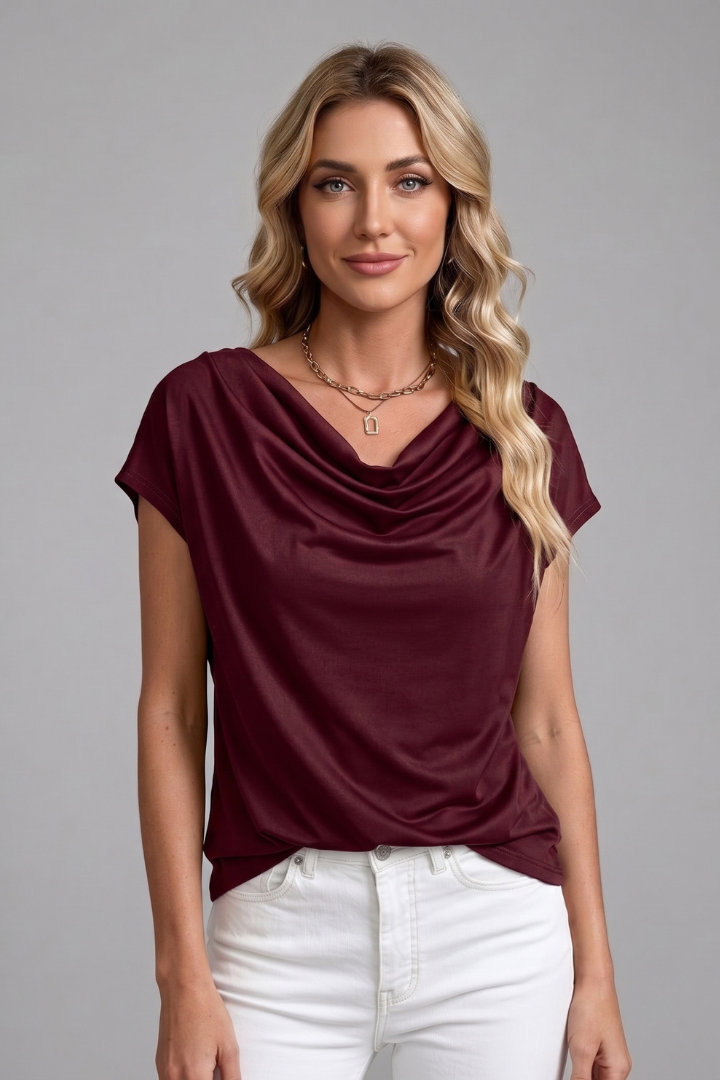 Women's Cowl Neck Top, Draped Short Sleeve Dressy Business Casual Blouse