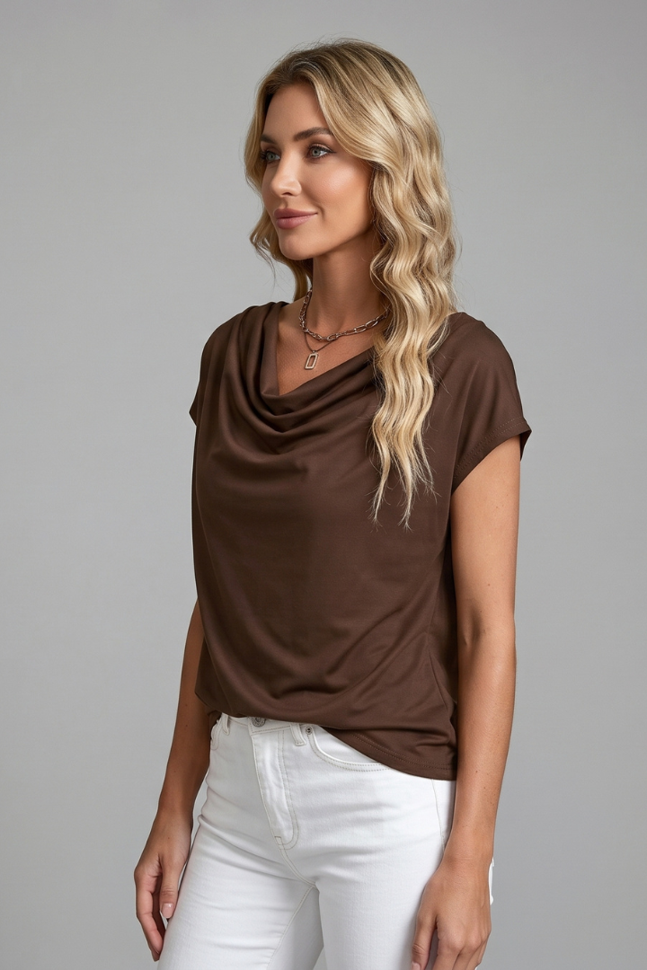 Women's Cowl Neck Top, Draped Short Sleeve Dressy Business Casual Blouse