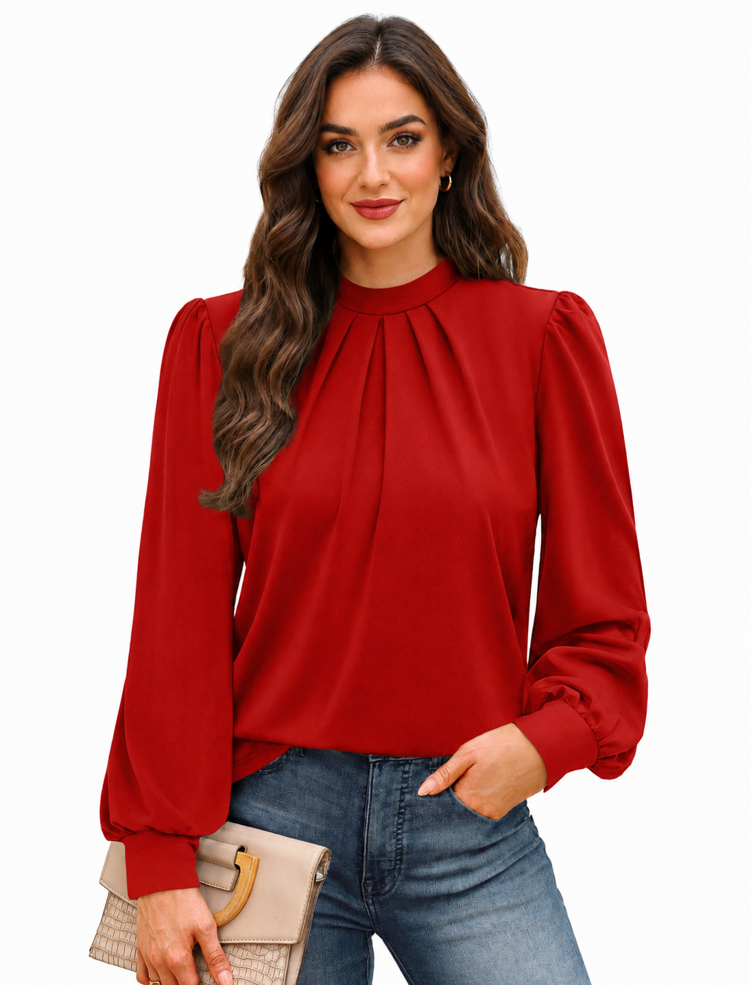 Women's Mock Neck Pleated Blouse with Puff Sleeves in Red