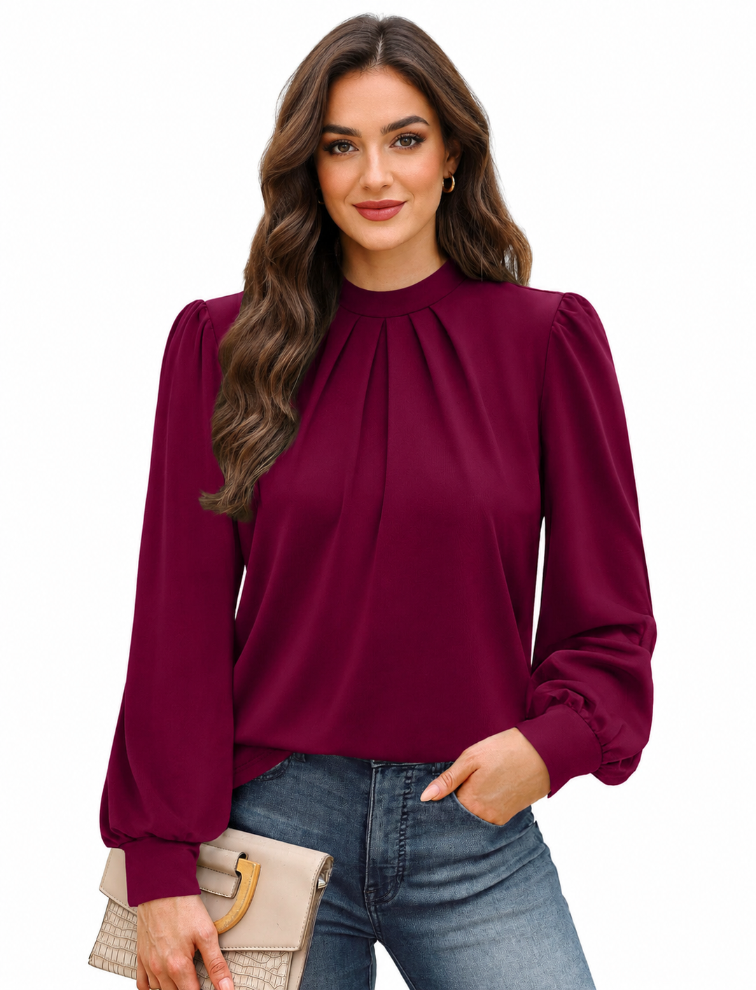 Women's Puff Sleeve Blouse, High Mock Neck Pleated Dressy Top
