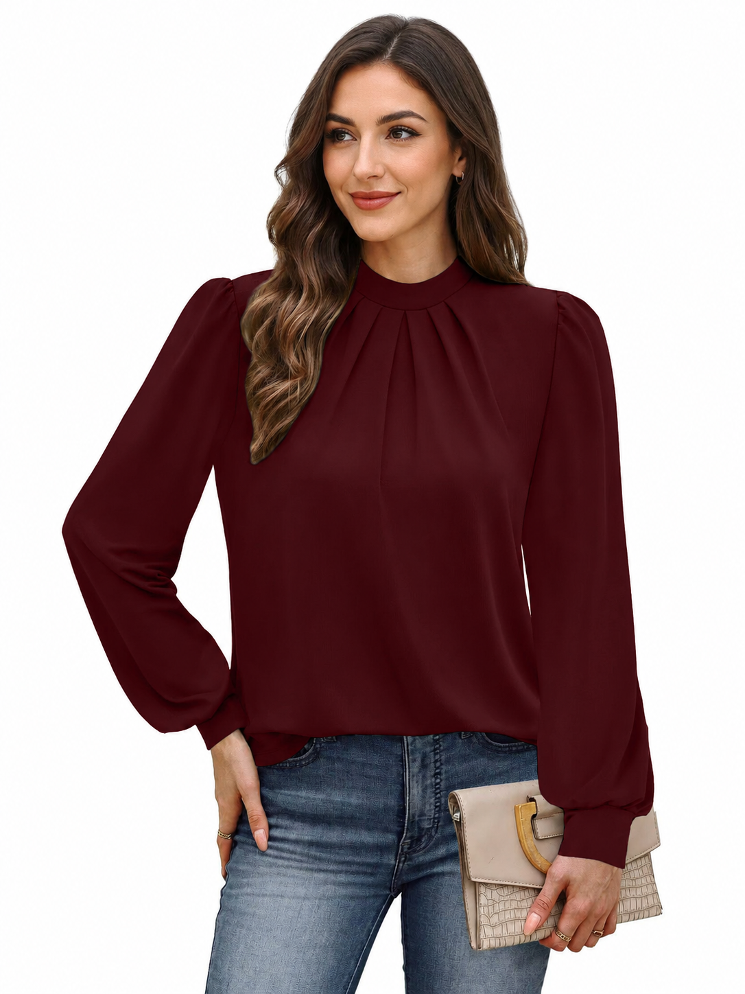 Women's Mock Neck Pleated Blouse with Puff Sleeves in Dark Chocolate