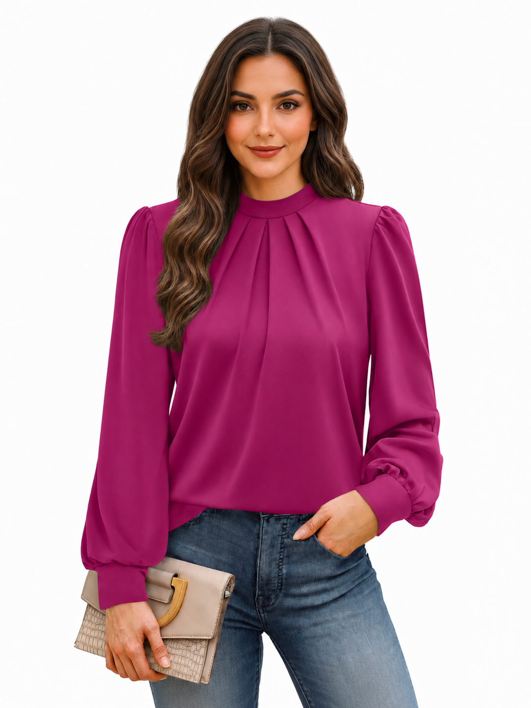 Women's Puff Sleeve Blouse, High Mock Neck Pleated Dressy Top