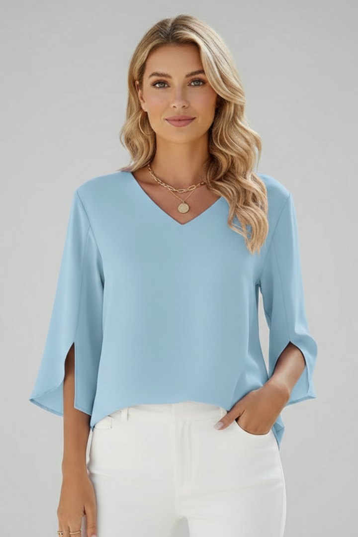 Women's Pull-On V-Neck Blouse with Open Short Sleeves in Blue