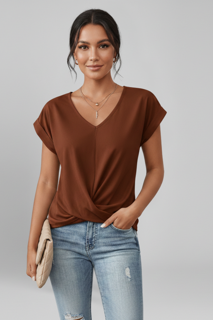 Women's Short Sleeve Blouse, V-Neck Pullover Casual Work Top with Pocket