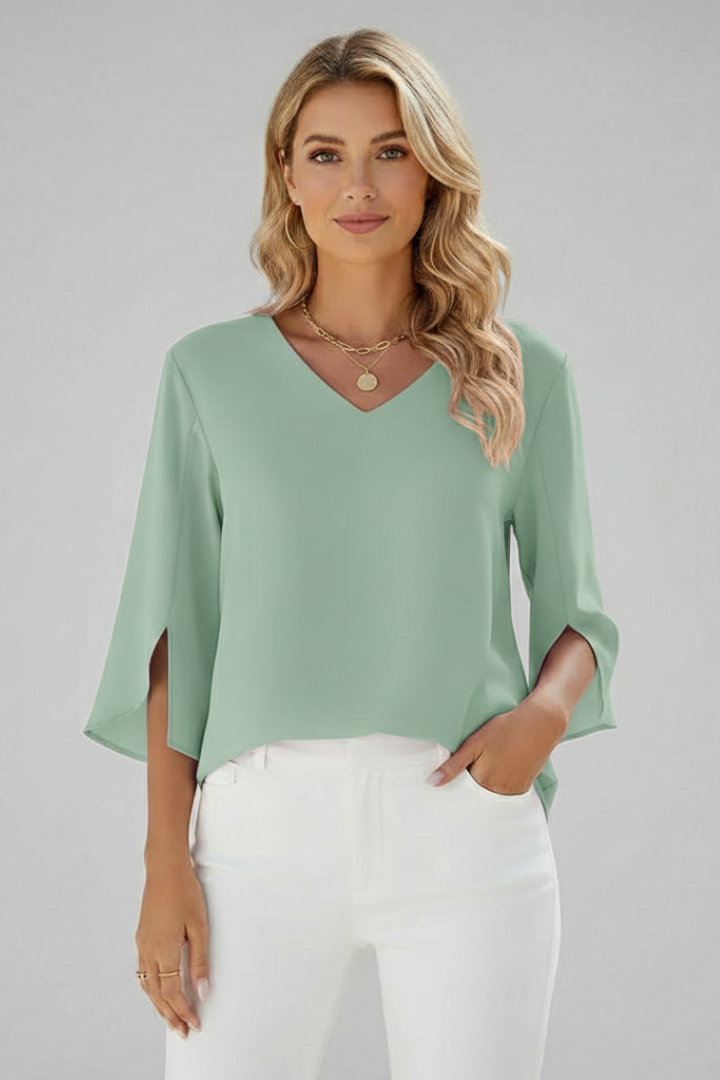 Women's Pull-On V-Neck Blouse with Open Short Sleeves in Green
