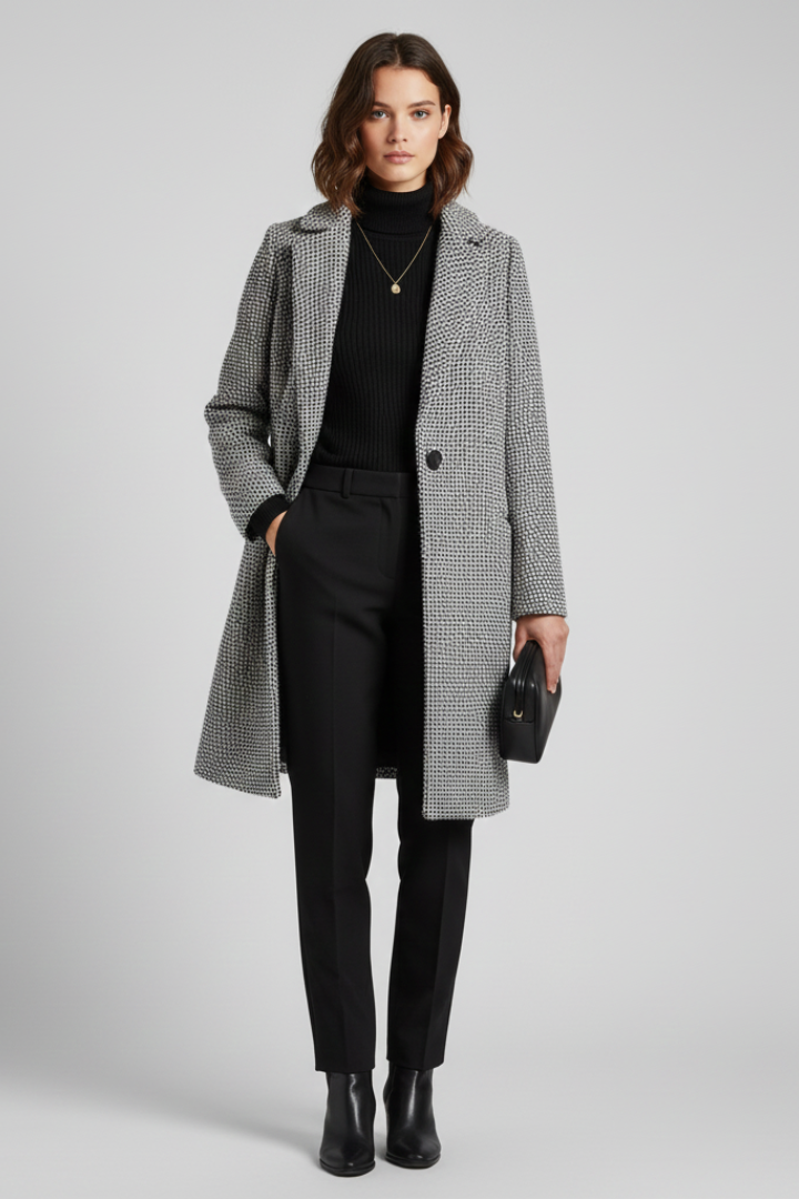 Women's Textured Woven Coat, Blazer Collar Longline Work Overcoat