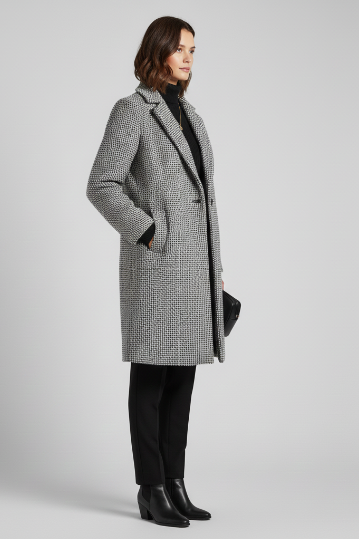 Women's Textured Woven Coat, Blazer Collar Longline Work Overcoat