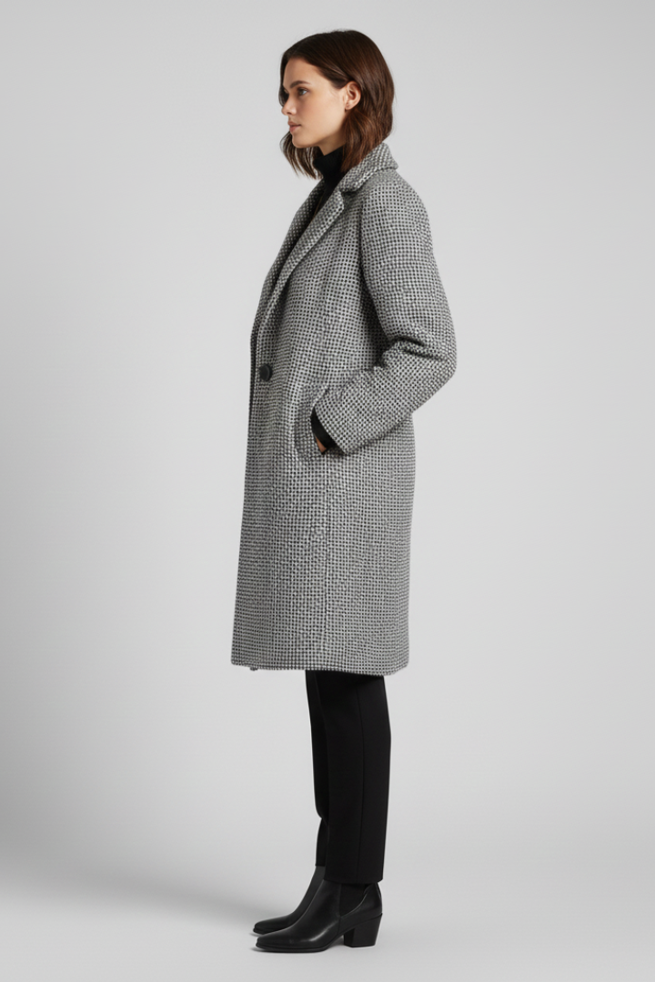 Women's Textured Woven Coat, Blazer Collar Longline Work Overcoat