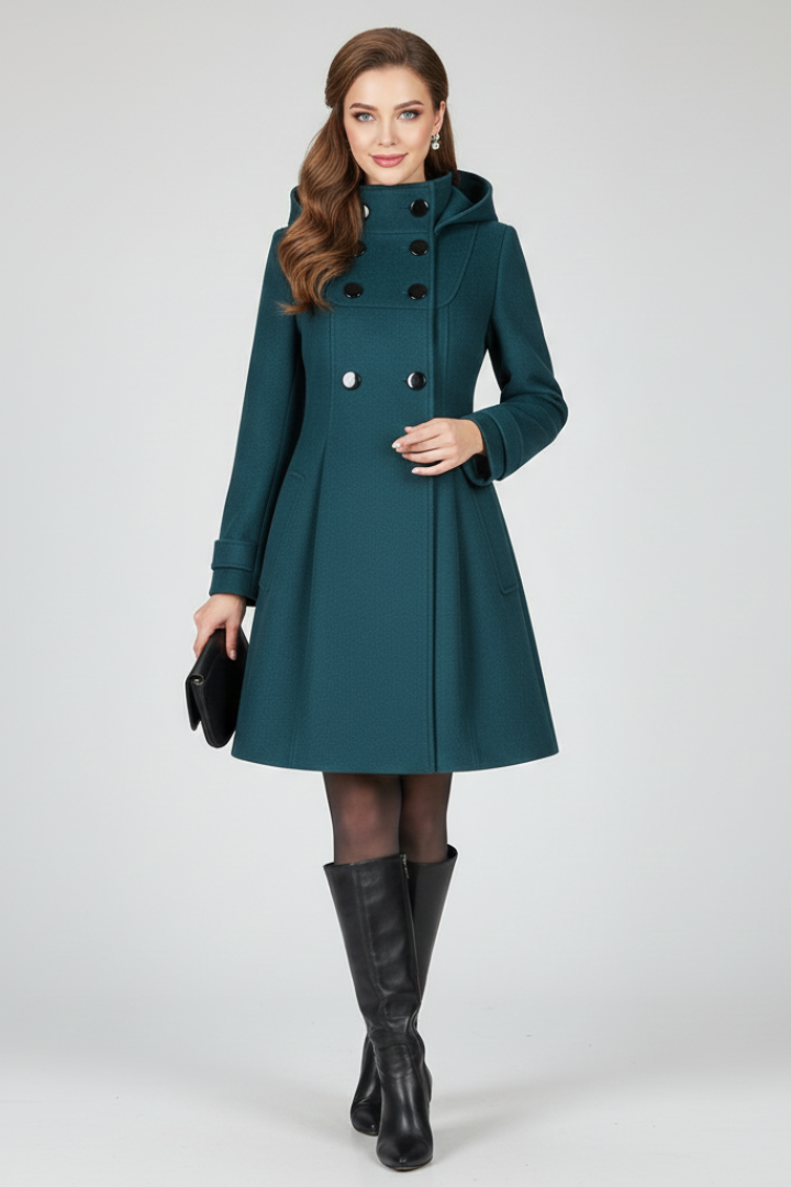 Women's Hooded Coat, Double Button Front Winter Overcoat