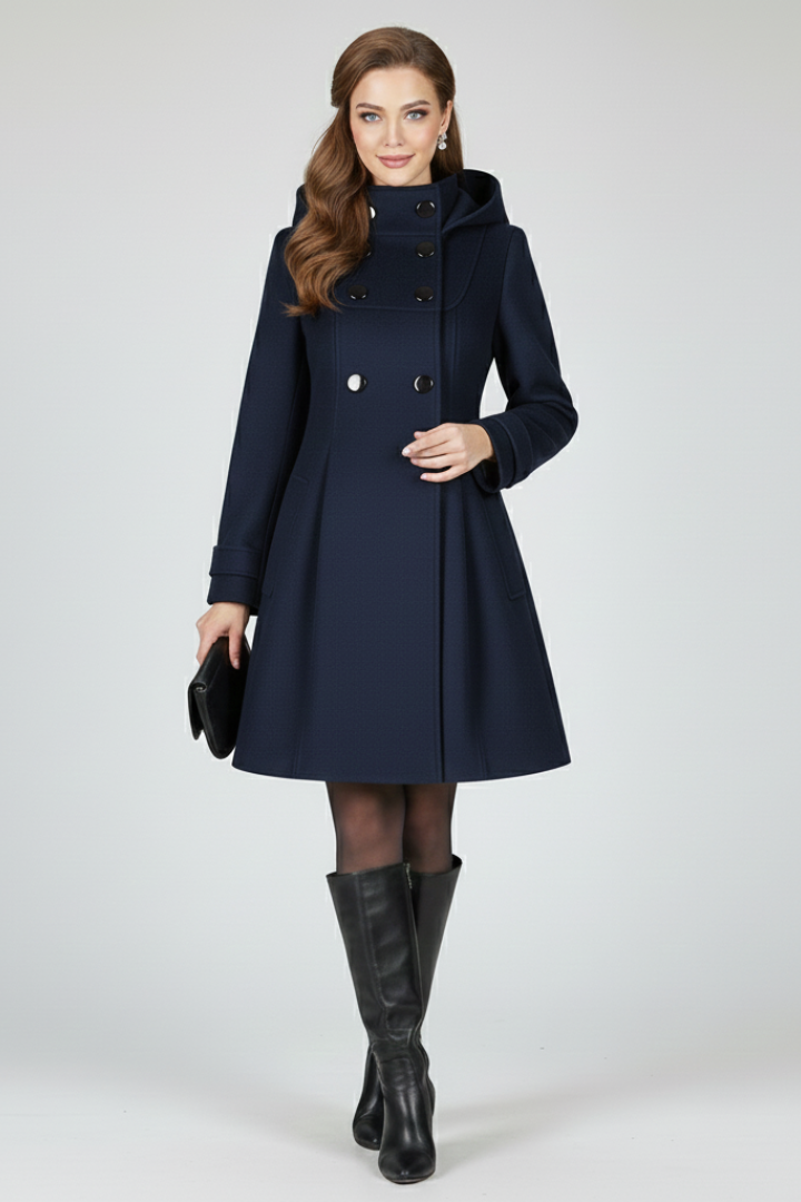 Women's Hooded Textured Coat with Double-Button Front in Navy Blue