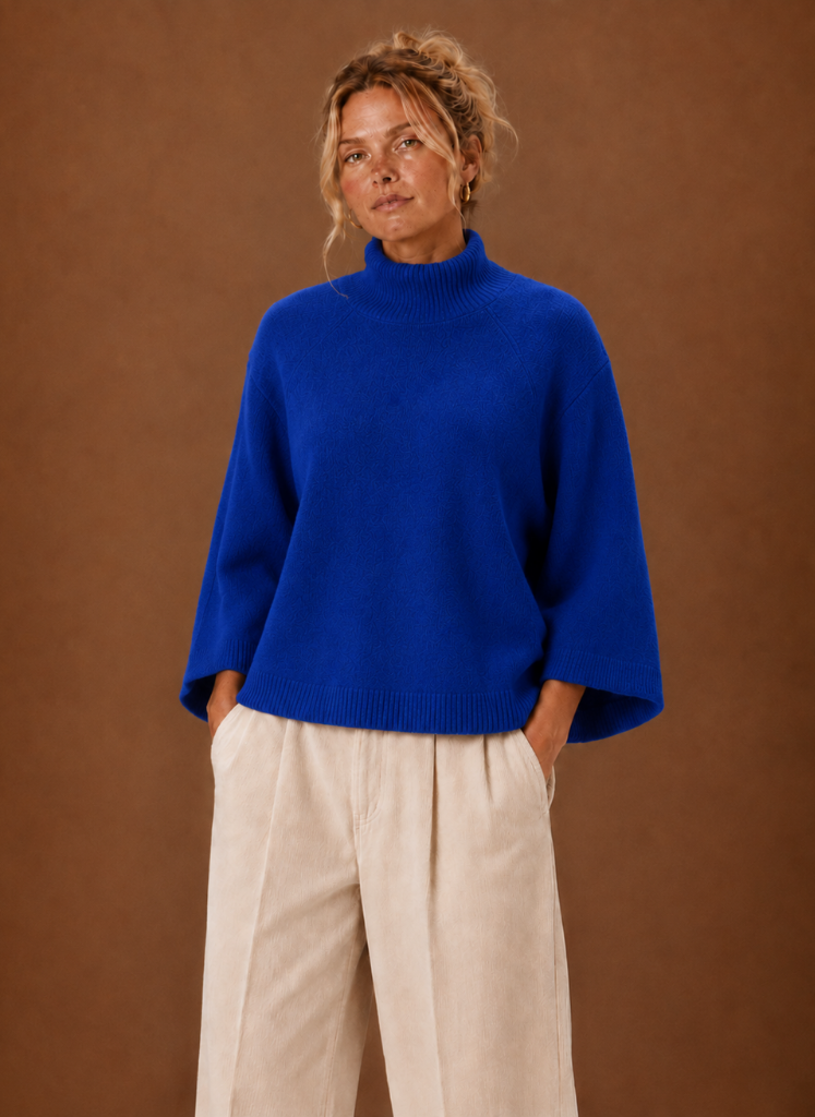 Women's Chunky Knit Mock Neck Sweater with Bell Sleeves in Blue