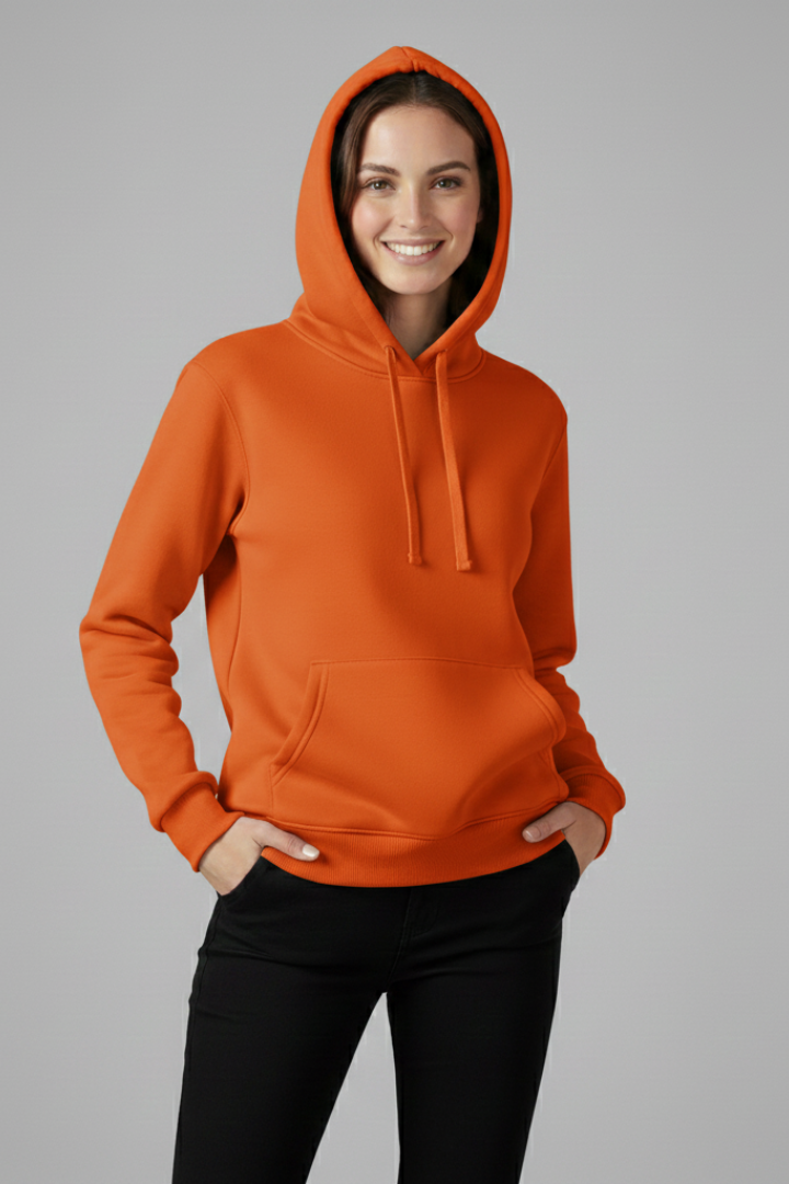 Women's Drawstring Hoodie with Ribbed Hem and Cuffs in Orange