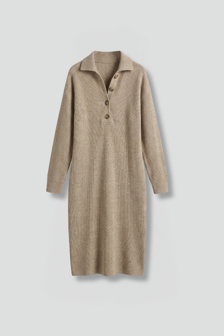 Women's Ribbed Knit Sweater Dress, Button Placket Long Sleeve Midi