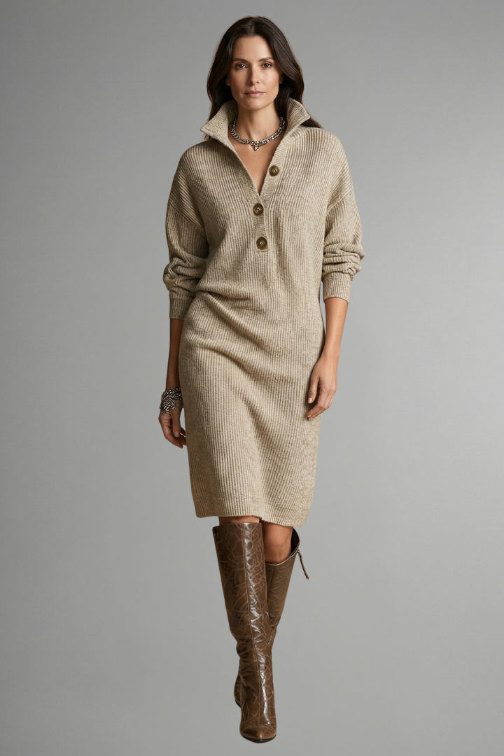 Women's Ribbed Knit Sweater Dress, Button Placket Long Sleeve Midi