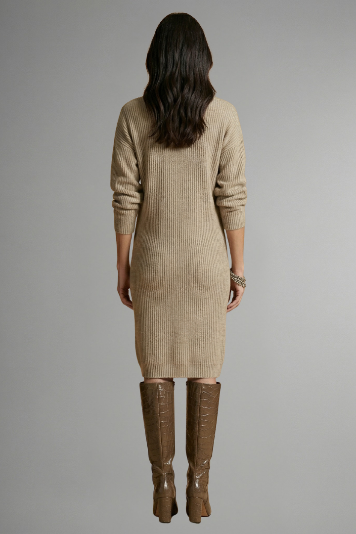 Women's Ribbed Knit Sweater Dress, Button Placket Long Sleeve Midi