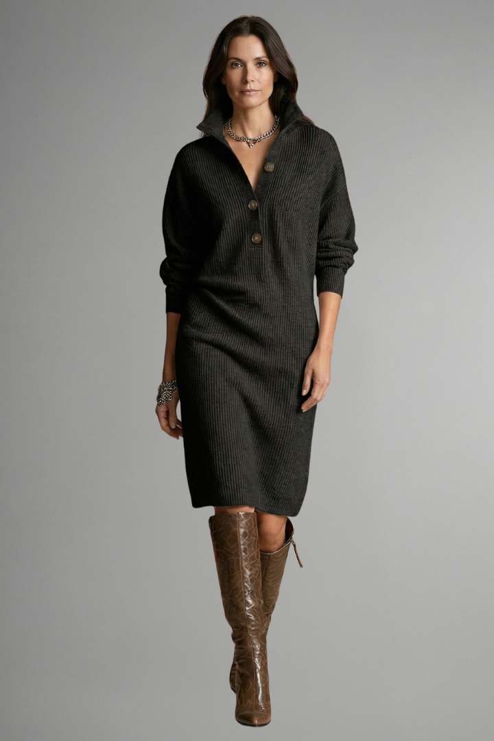Women's Ribbed Knit Sweater Dress, Button Placket Long Sleeve Midi