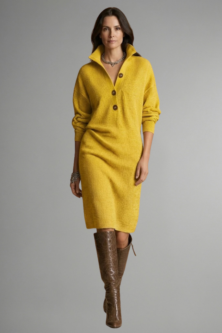 Women's Ribbed Knit Sweater Dress, Button Placket Long Sleeve Midi