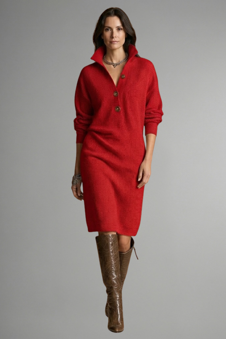 Women's Ribbed Knit Sweater Dress, Button Placket Long Sleeve Midi