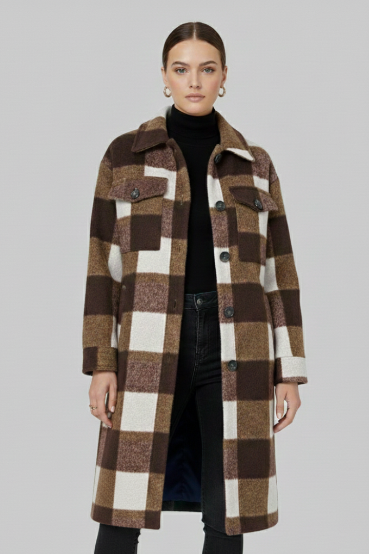 Women's Long Coat, Checked Button Front Wool Blend Overcoat