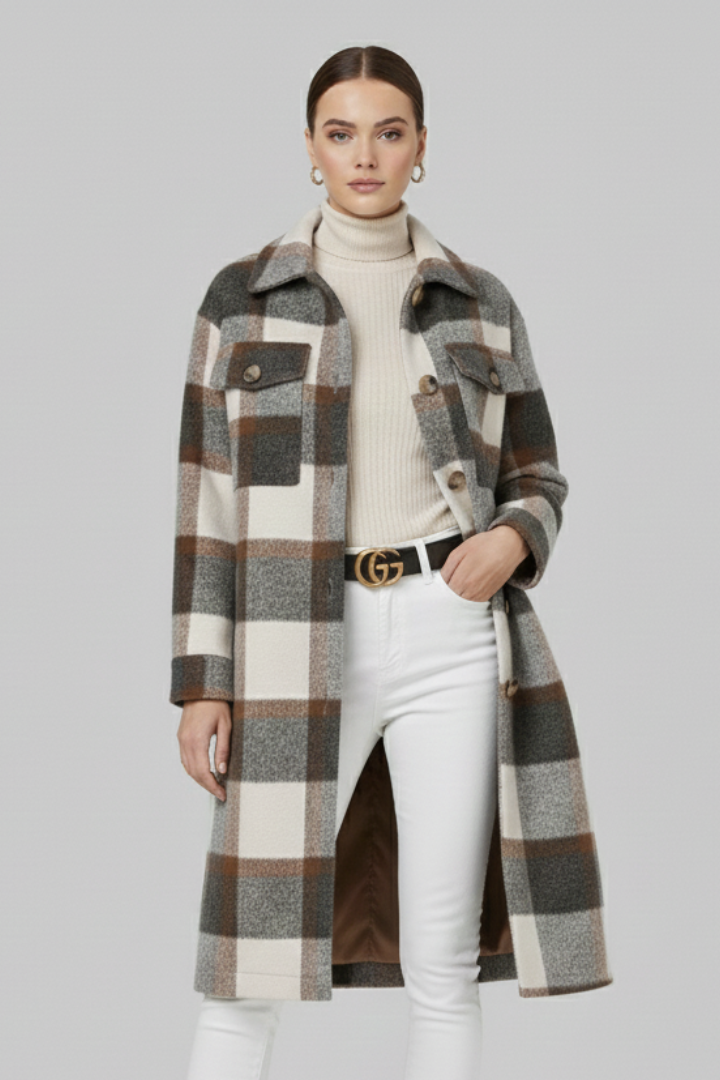 Women's Long Coat, Checked Button Front Wool Blend Overcoat