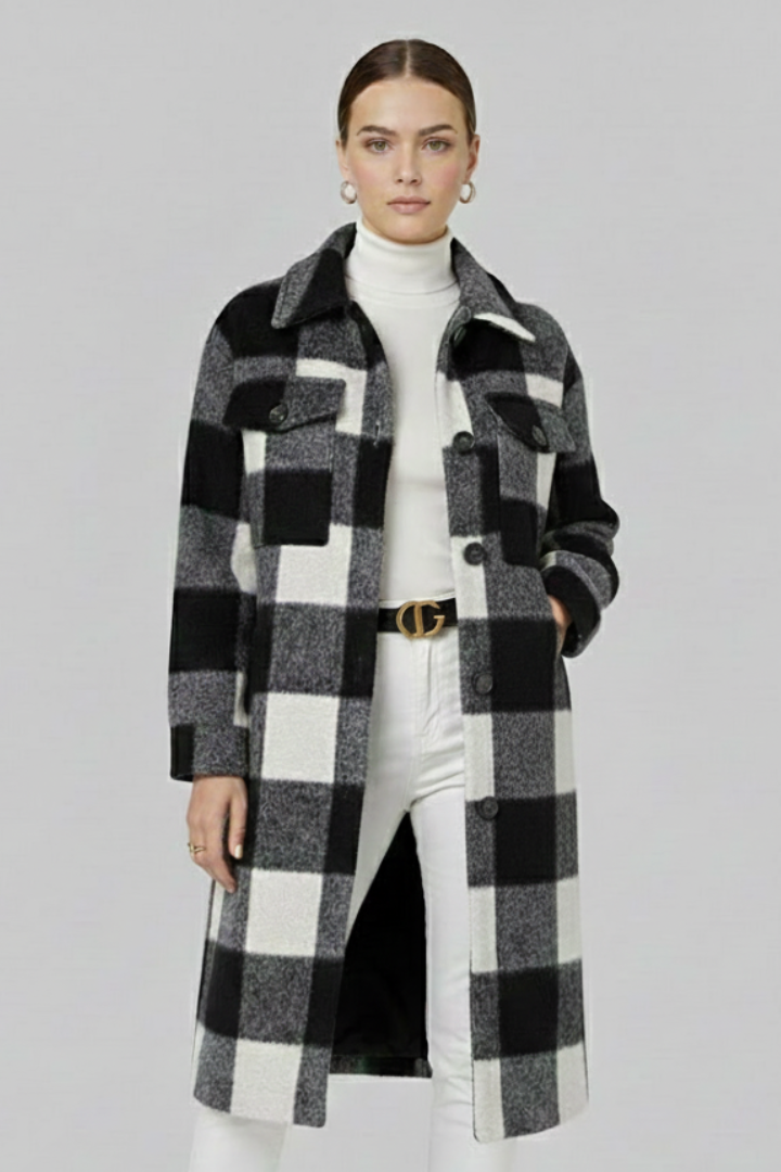 Women's Long Coat, Checked Button Front Wool Blend Overcoat