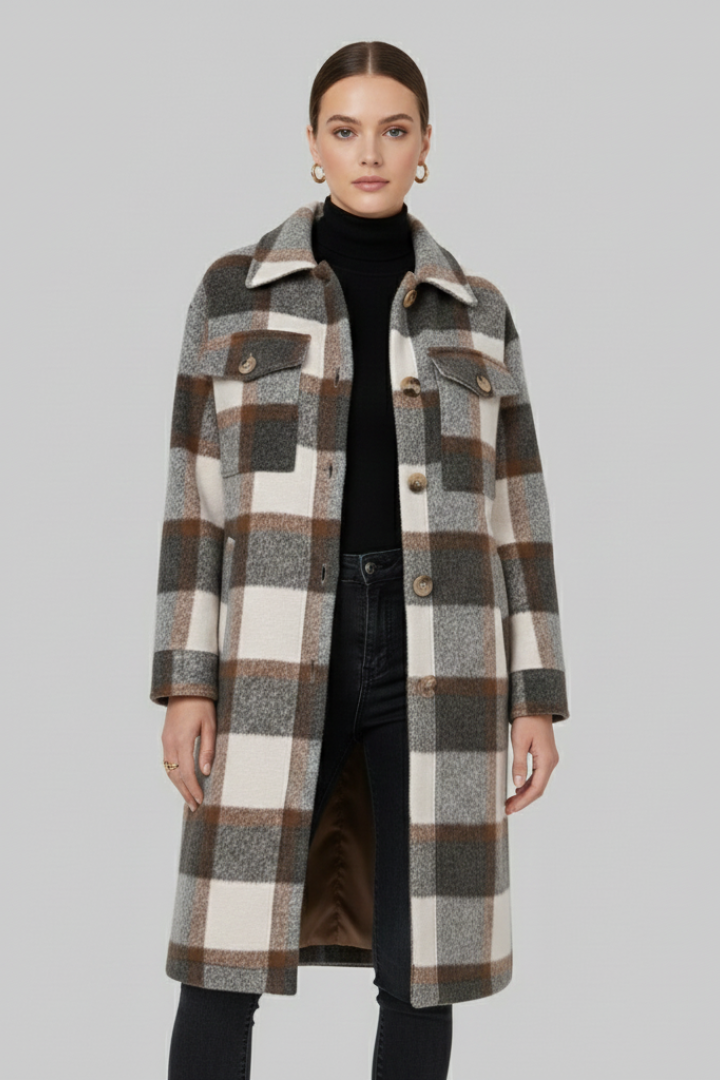 Women's Long Coat, Checked Button Front Wool Blend Overcoat