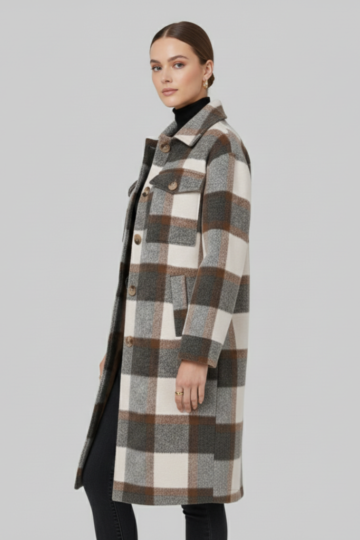 Women's Long Coat, Checked Button Front Wool Blend Overcoat