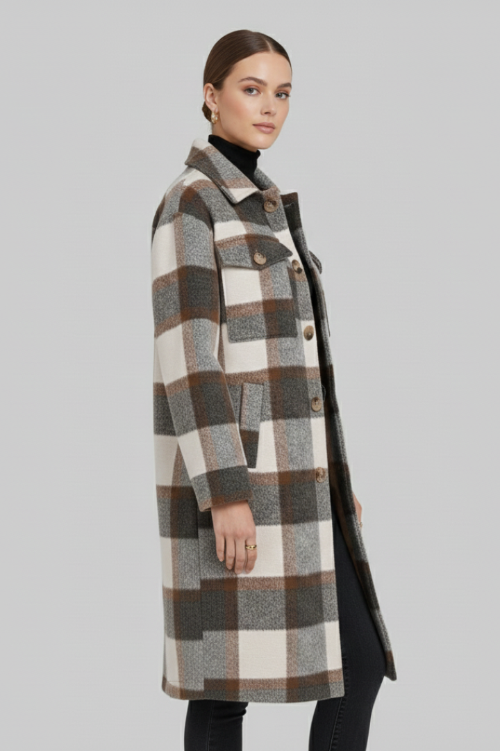 Women's Long Coat, Checked Button Front Wool Blend Overcoat
