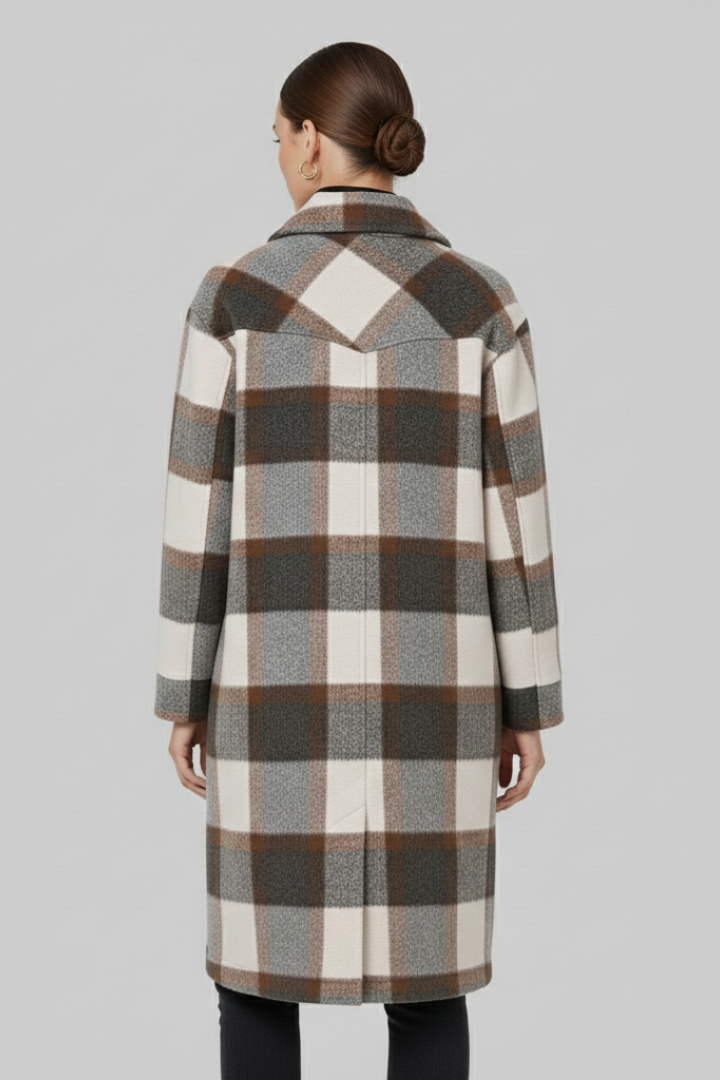 Women's Long Coat, Checked Button Front Wool Blend Overcoat