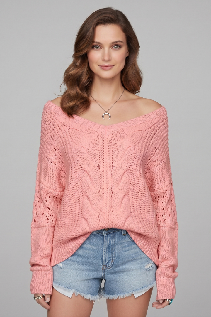 Women's Hip-Length Textured Knit Crew Neck Sweater in Pink
