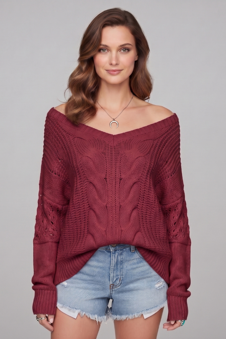 Women's Crew Neck Sweater, Textured Ribbed Knit Long Sleeve Pullover