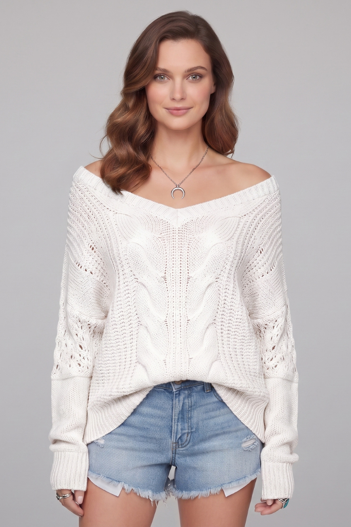 Women's Hip-Length Textured Knit Crew Neck Sweater in White