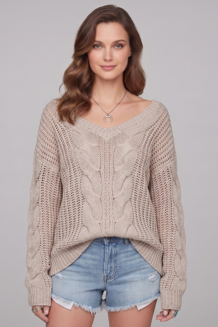 Women's Hip-Length Textured Knit Crew Neck Sweater in Khaki