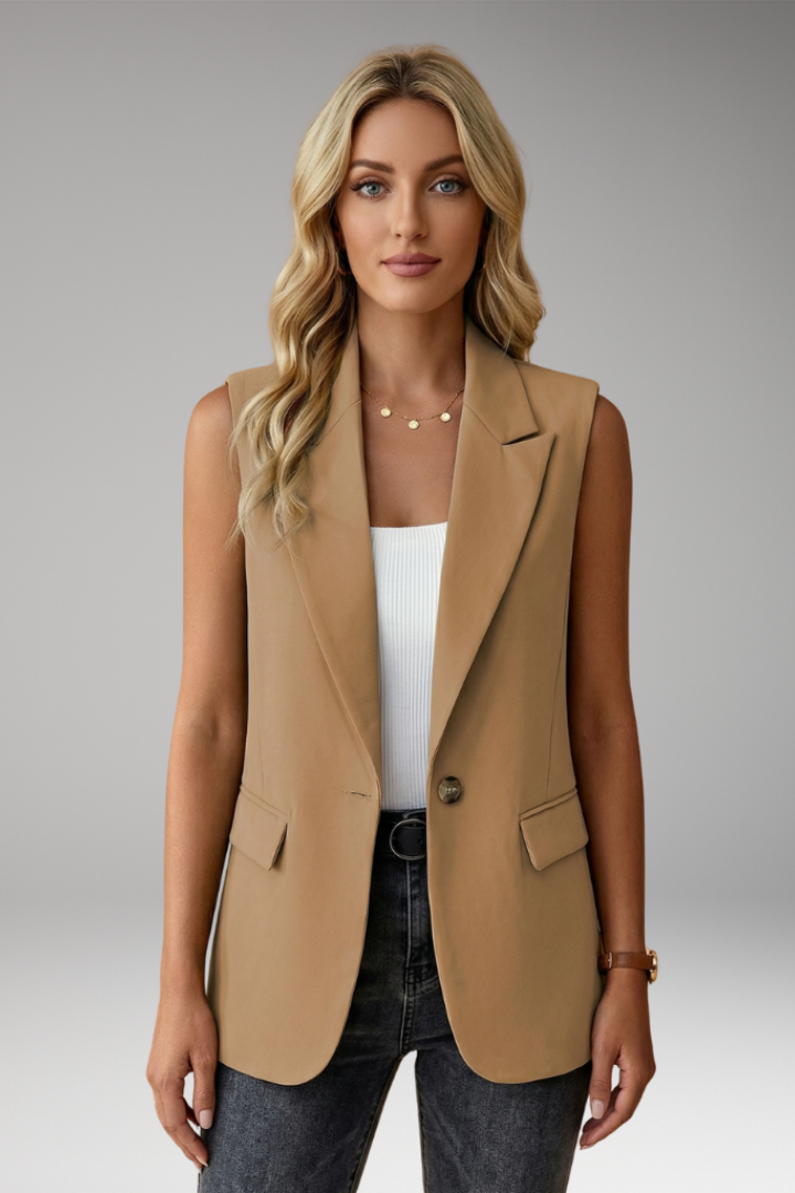 Women's Sleeveless Notch Collar Blazer Vest with Flap Pockets in Khaki