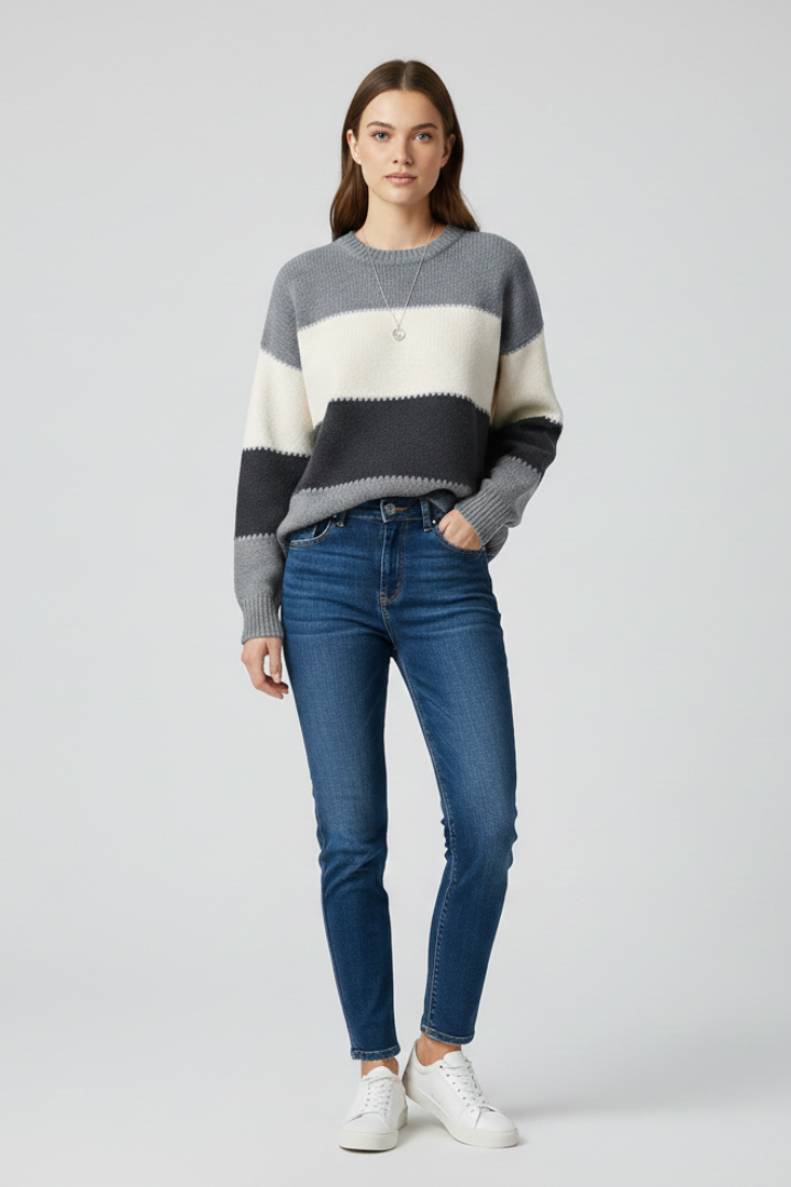 Women's Striped Sweater, Relaxed Fit Knit Long Sleeve Pullover Top