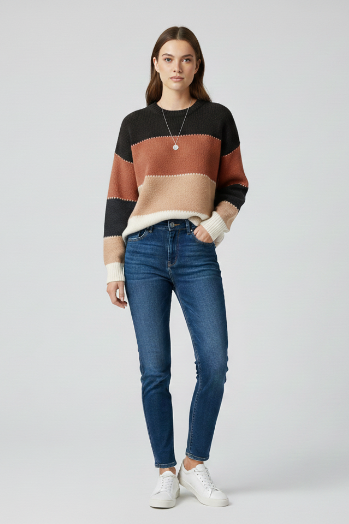 Women's Striped Sweater, Relaxed Fit Knit Long Sleeve Pullover Top