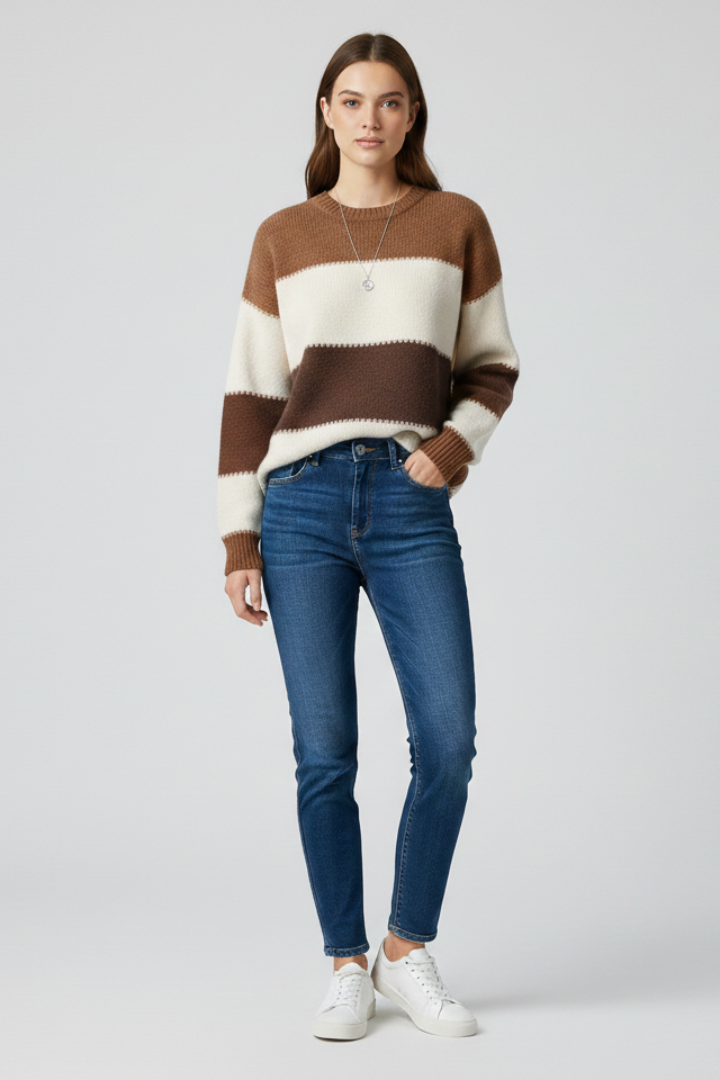 Women's Striped Sweater, Relaxed Fit Knit Long Sleeve Pullover Top