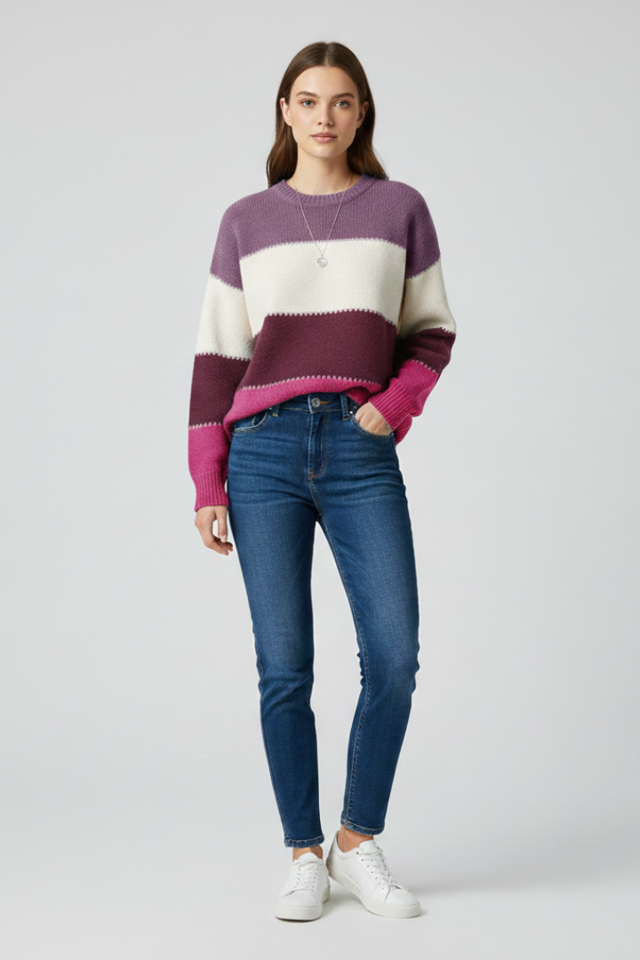 Women's Striped Sweater, Relaxed Fit Knit Long Sleeve Pullover Top