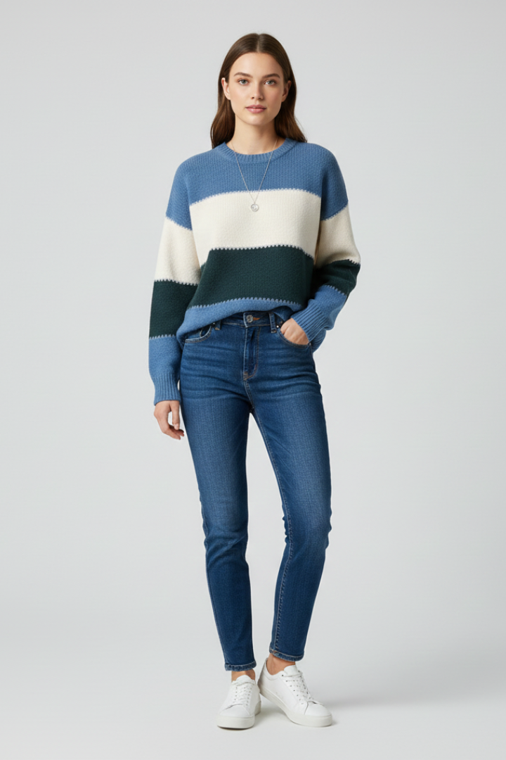 Women's Striped Sweater, Relaxed Fit Knit Long Sleeve Pullover Top