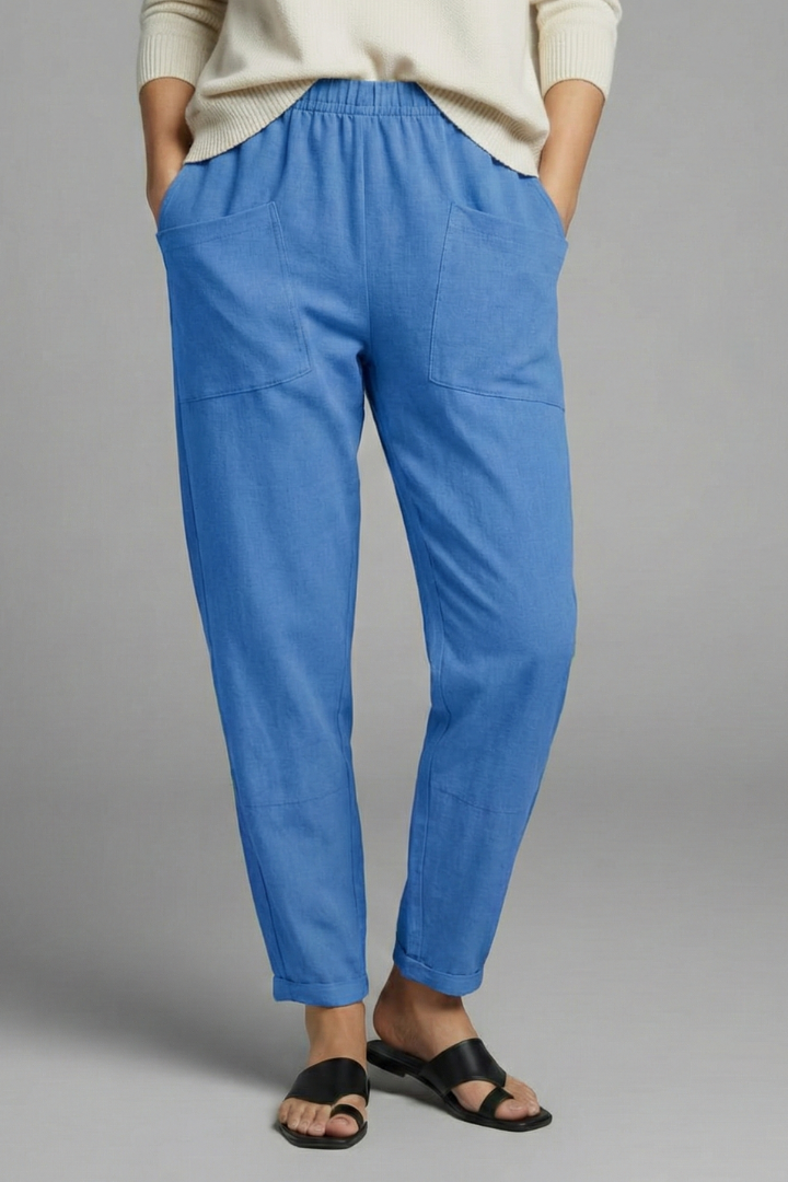 Women's Elastic Waist Tapered Ankle Pants with Side Pockets in Sky Blue