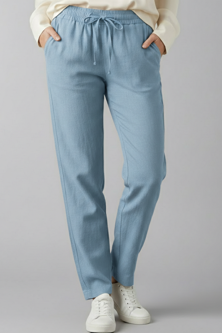 Women's Elastic Waist Tapered Ankle Pants with Side Pockets in Powder Blue