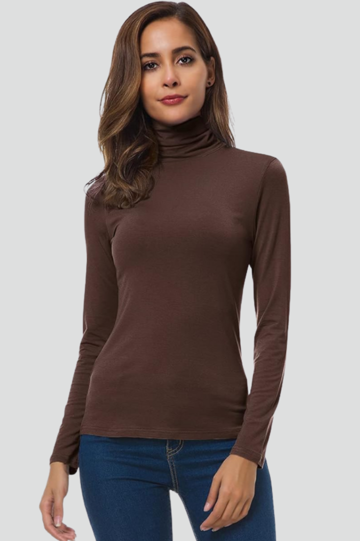 Women's Slim-Fit Solid Knit Turtleneck Sweater in Coffee