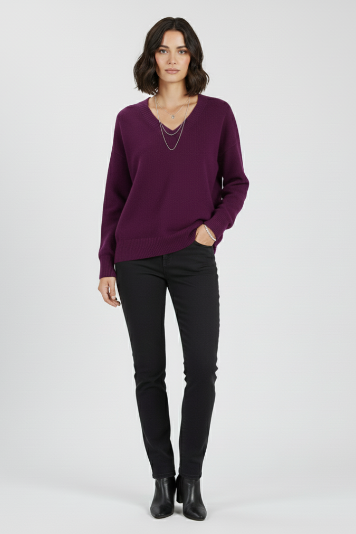 Women's V-Neck Pullover Sweater, Long Sleeve Soft Knit Top