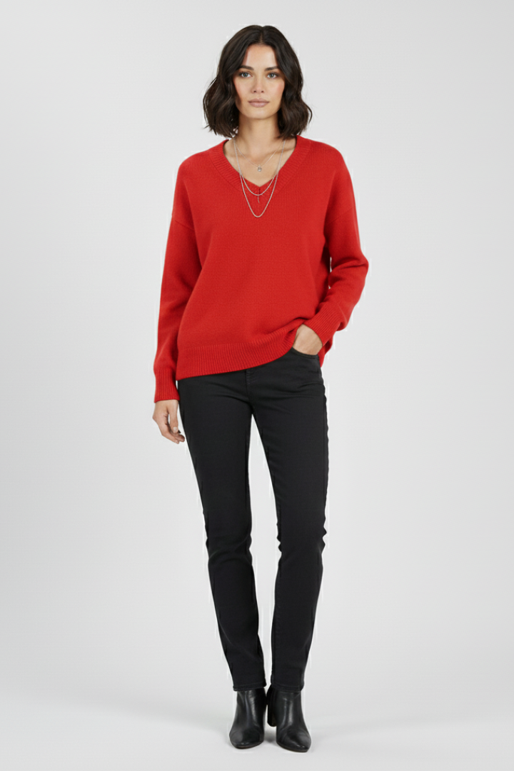 Women's V-Neck Pullover Sweater, Long Sleeve Soft Knit Top