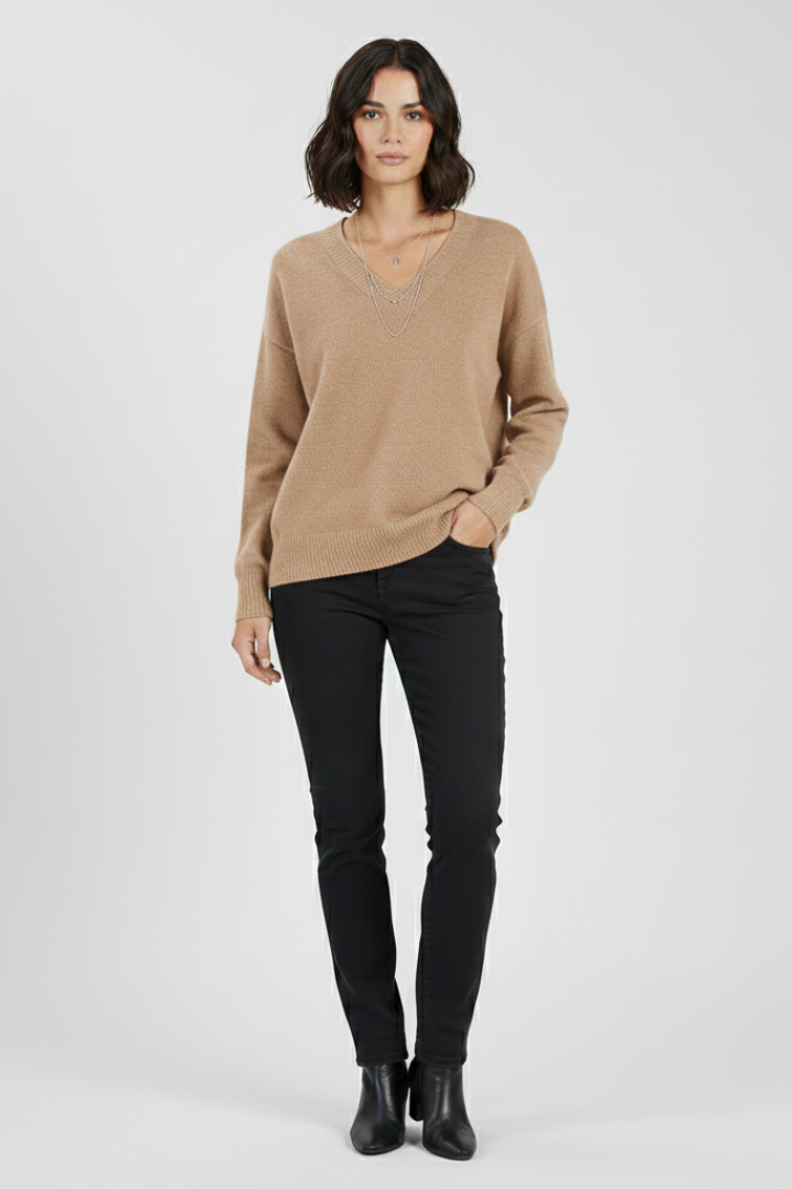 Women's Oversized V-Neck Solid Knit Pullover Sweater in Beige