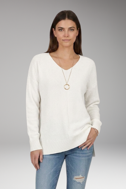 Women's V-Neck Chevron Textured Knit Drop-Shoulder Sweater in White