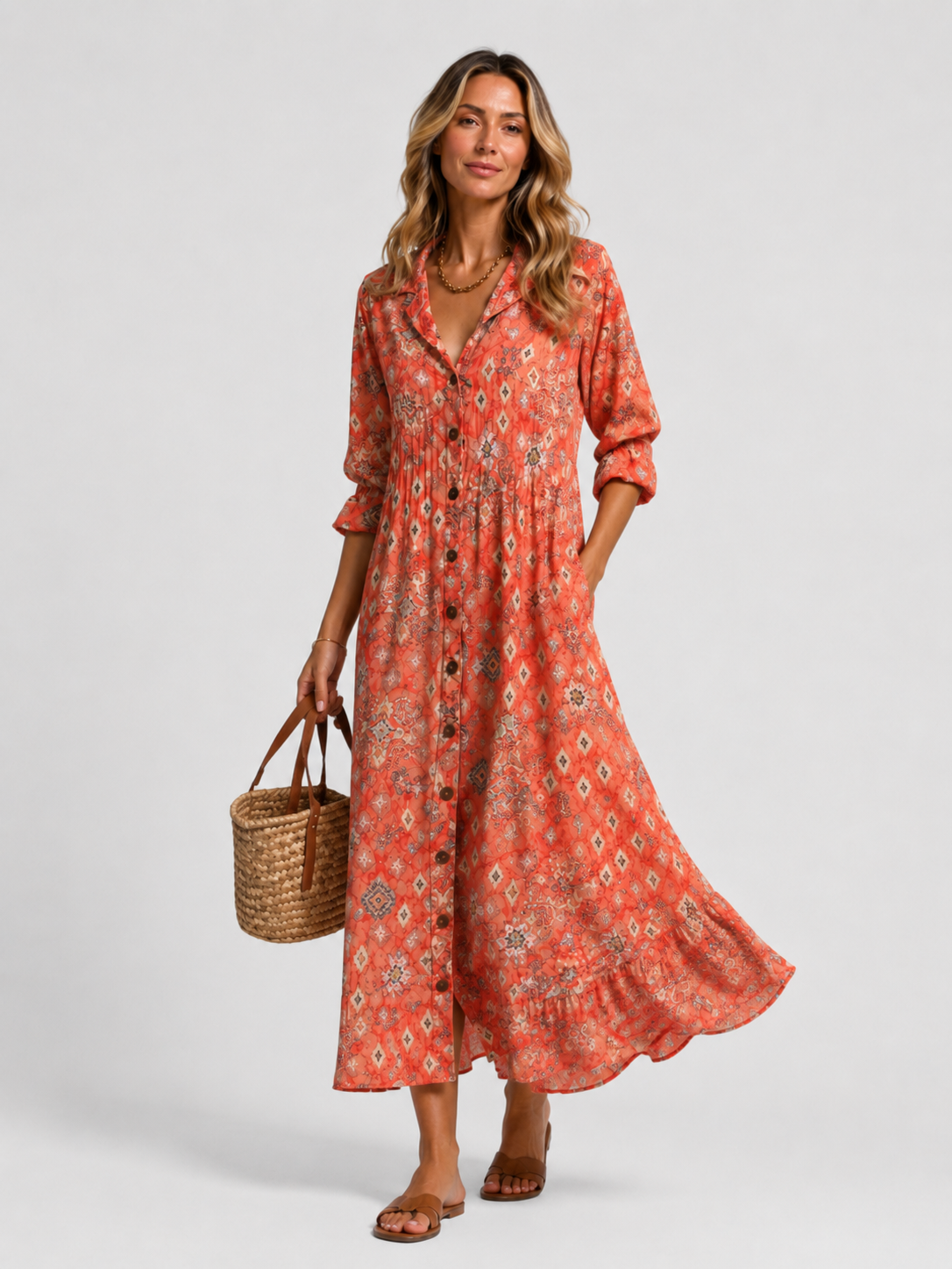 Women's Relaxed Printed Button-Front Shirt Dress in Orange