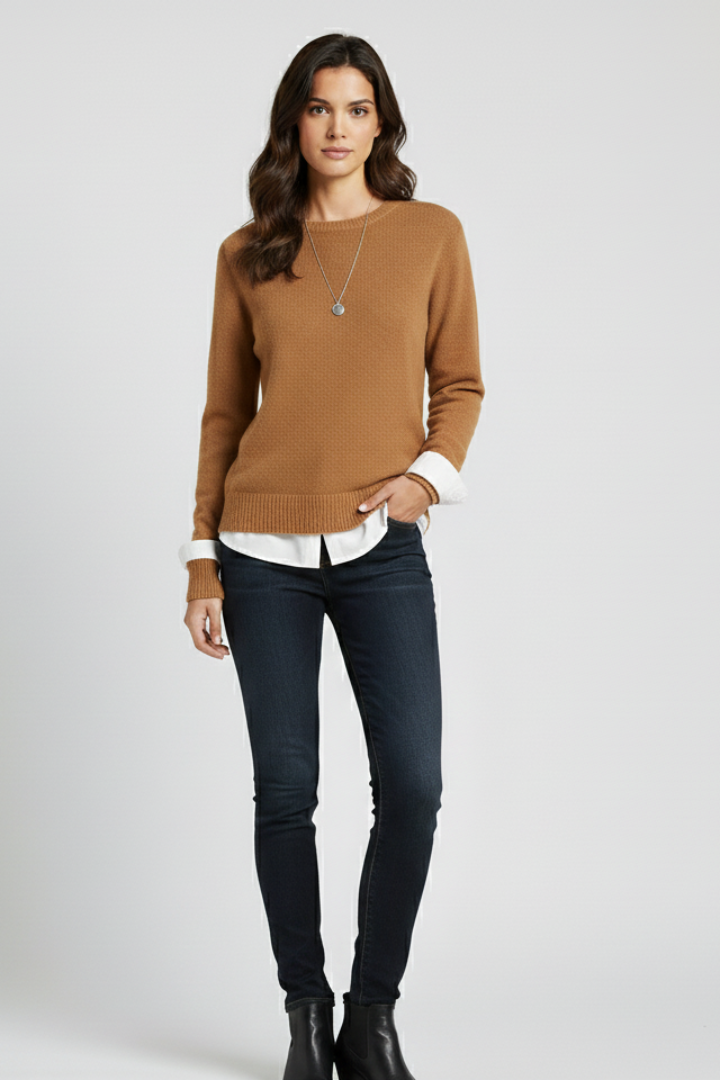 Women's Classic Round Neck Sweater with Ribbed Cuffs and Hem in Khaki